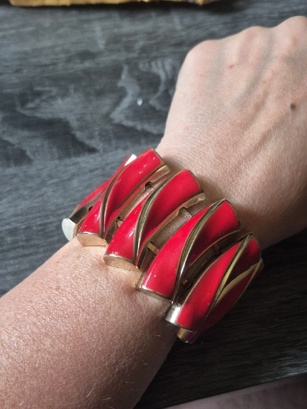 Vintage Red Enamel Metal Bracelet 6.75